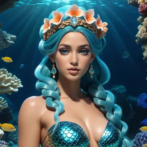 Prompt: HD 4k 3D, hyper realistic, professional modeling, ethereal Greek Goddess and Mermaid Princess, blue double ponytail hair, mixed skin, gorgeous face, beautiful mermaid, fluorite jewelry and coral crown, full body, sea nymph, Mediterranean ocean grotto , divine glow, detailed, elegant, ethereal, mythical, Greek, goddess, surreal lighting, majestic, goddesslike aura