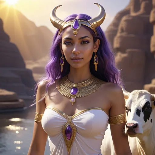 Prompt: HD 4k 3D, 8k, hyper realistic, professional modeling, ethereal Egyptian Soul Goddess Bat, beautiful, glowing olive skin, purple hair, mythical clothing and jewelry, tiara, cow ears and horns, full body surrounded and backlit by magical, glowing, ethereal light, cow companions, Nile River in colorful background, surrounded by ambient divine glow, detailed, elegant, surreal dramatic lighting, majestic, goddesslike aura, octane render, fantasy setting, otherworldy