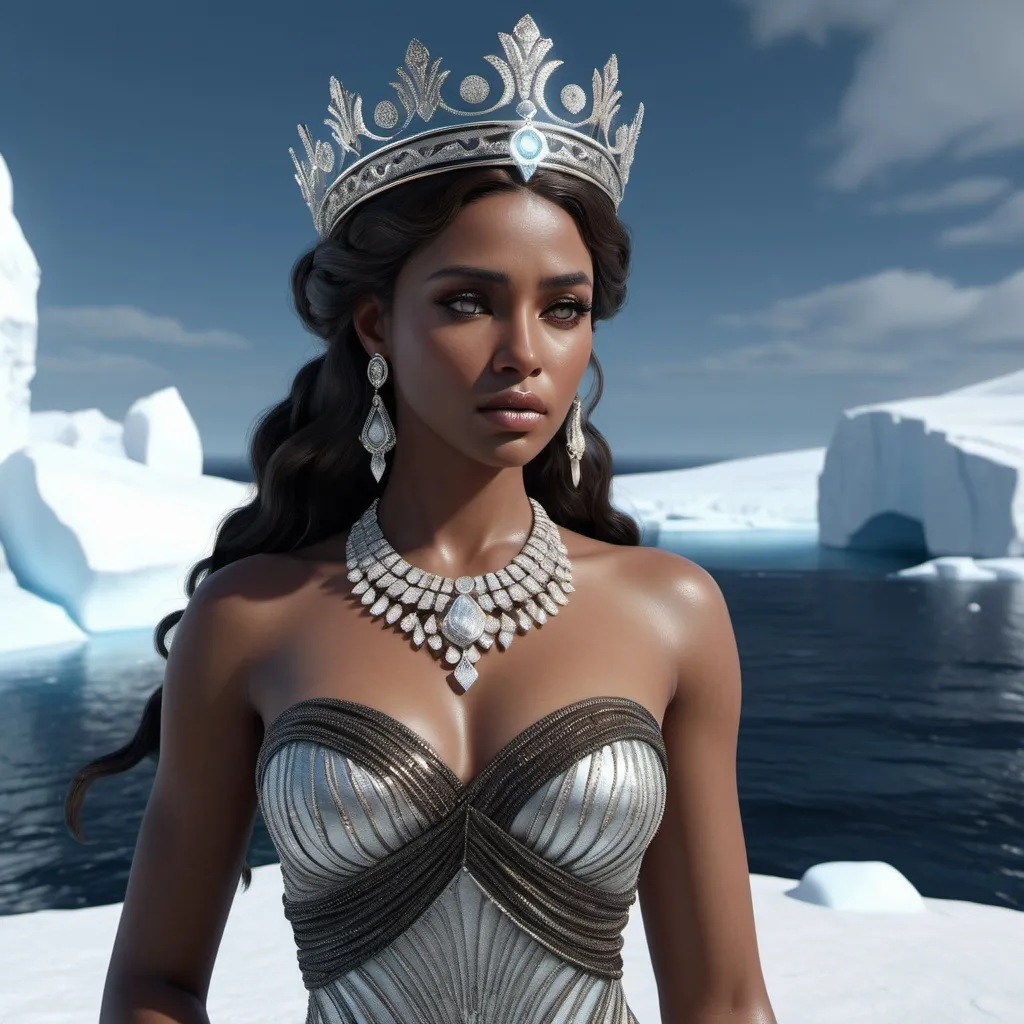 Prompt: HD 4k 3D, hyper realistic, professional modeling, ethereal Greek Muse of Memory, dark brown hair, black skin, gorgeous face, embellished shimmering dress, shiny jewelry and crown, full body, look of longing, Antarctica, cold landscape, penguins, detailed, elegant, ethereal, mythical, Greek, goddess, surreal lighting, majestic, goddesslike aura