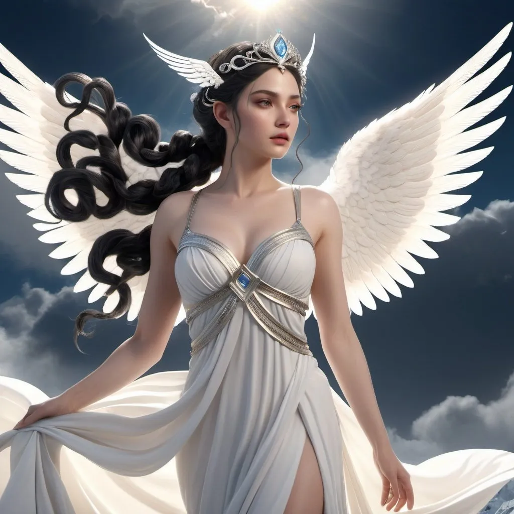 Prompt: HD 4k 3D, hyper realistic, professional modeling, ethereal Greek Goddess of Cold Mountain Winds, black pigtails hair, pale skin, gorgeous face, billowing gown and wings, marble jewelry and tiara, full body, flying through clouds, snow capped mountains, wind goddess, surrounded by divine glow, detailed, elegant, ethereal, mythical, Greek, goddess, surreal lighting, majestic, goddesslike aura