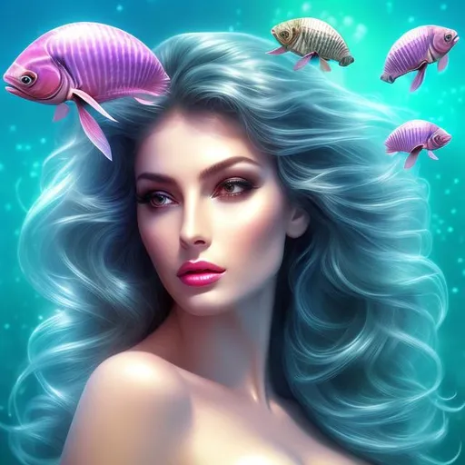 Prompt: HD 4k 3D 8k professional modeling photo hyper realistic beautiful woman ethereal greek goddess sea nymph of calm seas
black hair dark skin gorgeous face  ocean jewelry ocean headpiece mermaid tail full body surrounded by ambient glow hd landscape under the ocean calm waters jellyfish 

