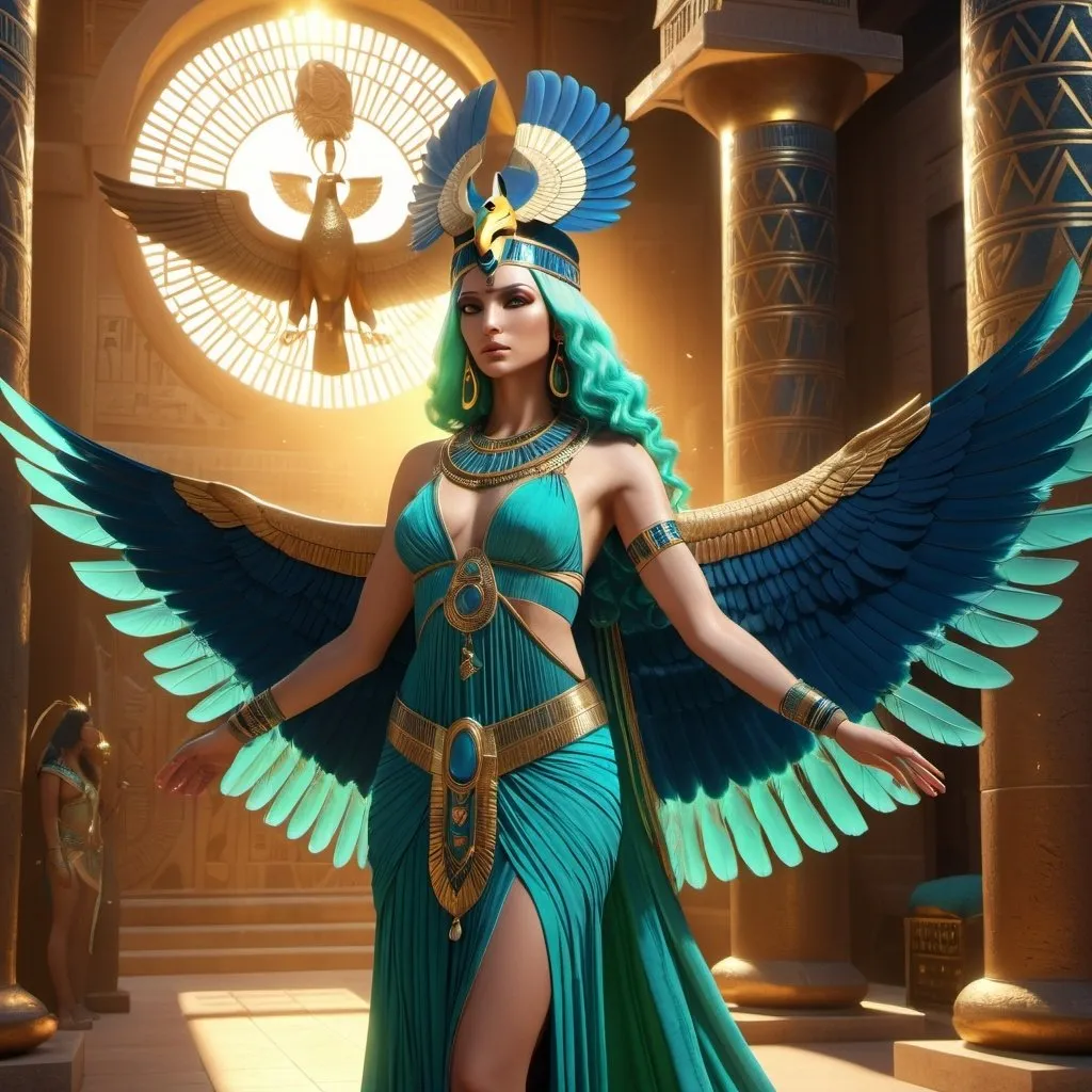 Prompt: HD 4k 3D, 8k, hyper realistic, professional modeling, ethereal Egyptian Goddess style, beautiful with vulture wings, glowing pale skin, green hair, mythical blue gown and jewelry, headband, full body, heavenly, Fantasy setting, colorful feathers, surrounded by ambient divine glow, detailed, elegant, surreal dramatic lighting, majestic, goddesslike aura, octane render, artistic and whimsical