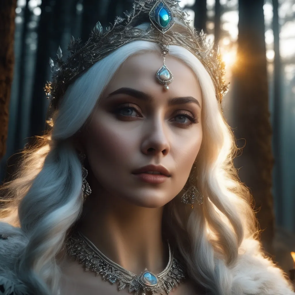 Prompt: Baba Yaga, evil Russian witch,guardian who guides the dead into the afterlife, she lives in a hut deep in the Slavic forest, hyper realistic, HD 4k 3D, professional modeling, ethereal, white hair, medium skin, gorgeous face, gorgeous jewelry and tiara, ambient divine glow, detailed and intricate, elegant, ethereal, mythical, goddess, radiant lighting, majestic, goddesslike aura