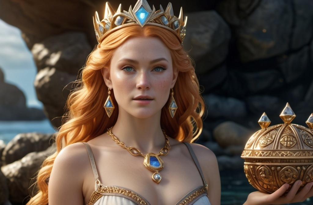 Prompt: Gersemi Norse Goddess of Treasure,  hyper realistic, HD 4k 3D, professional modeling, ethereal, light orange hair, beige freckled skin, gorgeous face, gorgeous jewelry and diadem, full body, surrounded by treasure and precious gems, ambient glow, landscape, detailed, elegant, ethereal, mythical, goddess, surreal lighting, majestic, goddesslike aura, Norse Mythology