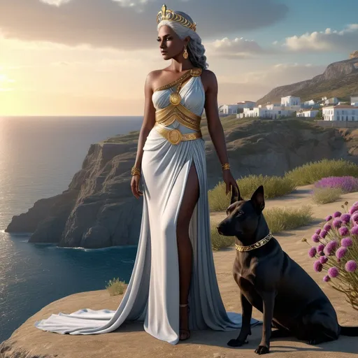 Prompt: HD 4k 3D, 8k, hyper realistic, professional modeling, ethereal Greek Goddess Trojan Queen, gray hair, dark skin, gorgeous glowing face, regal gown, copper gemstone jewelry and tiara, standing next to a dog companion on a bluff by the sea, scabiosa pods, surrounded by ambient divinity glow, detailed, elegant, mythical, surreal dramatic lighting, majestic, goddesslike aura