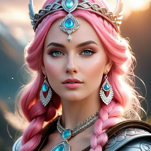 Prompt: Idis Norse Goddess of Respect and Dignity, hyper realistic, HD 4k 3D, professional modeling, ethereal, bright pink bubble braid hair, beige skin, gorgeous face, gorgeous jewelry and tiara, Valkyrie warrior maiden, ambient divine glow, detailed, elegant, ethereal, mythical, goddess, radiant lighting, majestic, goddesslike aura, Norse Viking Mythology