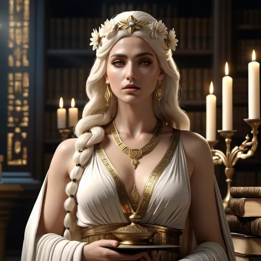 Prompt: HD 4k 3D, hyper realistic, professional modeling, ethereal Greek Muse of Knowledge, ivory hair, beige skin, gorgeous face, grecian embellished robes, opal jewelry and diadem, full body, dark academia, ancient library, wise, candles and black dahlias, detailed, elegant, ethereal, mythical, Greek, goddess, surreal lighting, majestic, goddesslike aura