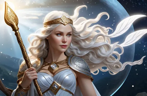 Prompt: tarot card illustration, Dis Norse Goddess of protection, hyperrealistic, HD 4k 3D 8k professional modeling photo, beautiful white maiden, enchanted, battle magic, surrounded by ambient glow, magical, highly detailed, intricate, mythical background, elegant, surreal lighting, majestic, goddesslike aura