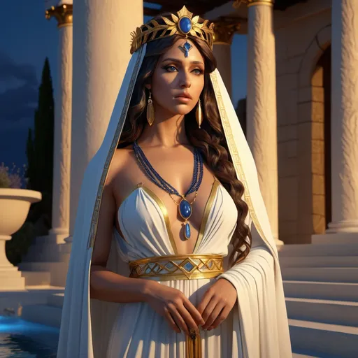 Prompt: HD 4k 3D, hyper realistic, professional modeling, ethereal Greek Muse of Sacred Poetry, dark yellow hair, brown skin, gorgeous face, grecian priestess dress with cloak and veil, sapphire jewelry and tiara, full body, serious, pensive,near a spring at dusk, oracle,  detailed, elegant, ethereal, mythical, Greek, goddess, surreal lighting, majestic, goddesslike aura