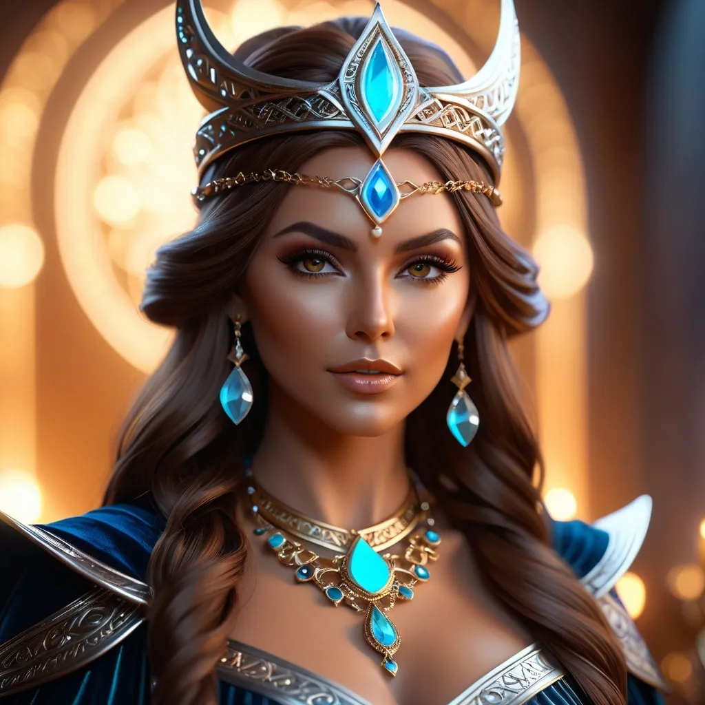 Prompt: Grimhild, evil Norse witch, a beautiful but evil sorceress, maker of magic potions, hyper realistic, HD 4k 3D, professional modeling, ethereal, brown hair, tan skin, gorgeous face, jewelry and headpiece, ambient divine glow, detailed and intricate, elegant, ethereal, mythical, goddess, radiant lighting, majestic, goddesslike aura