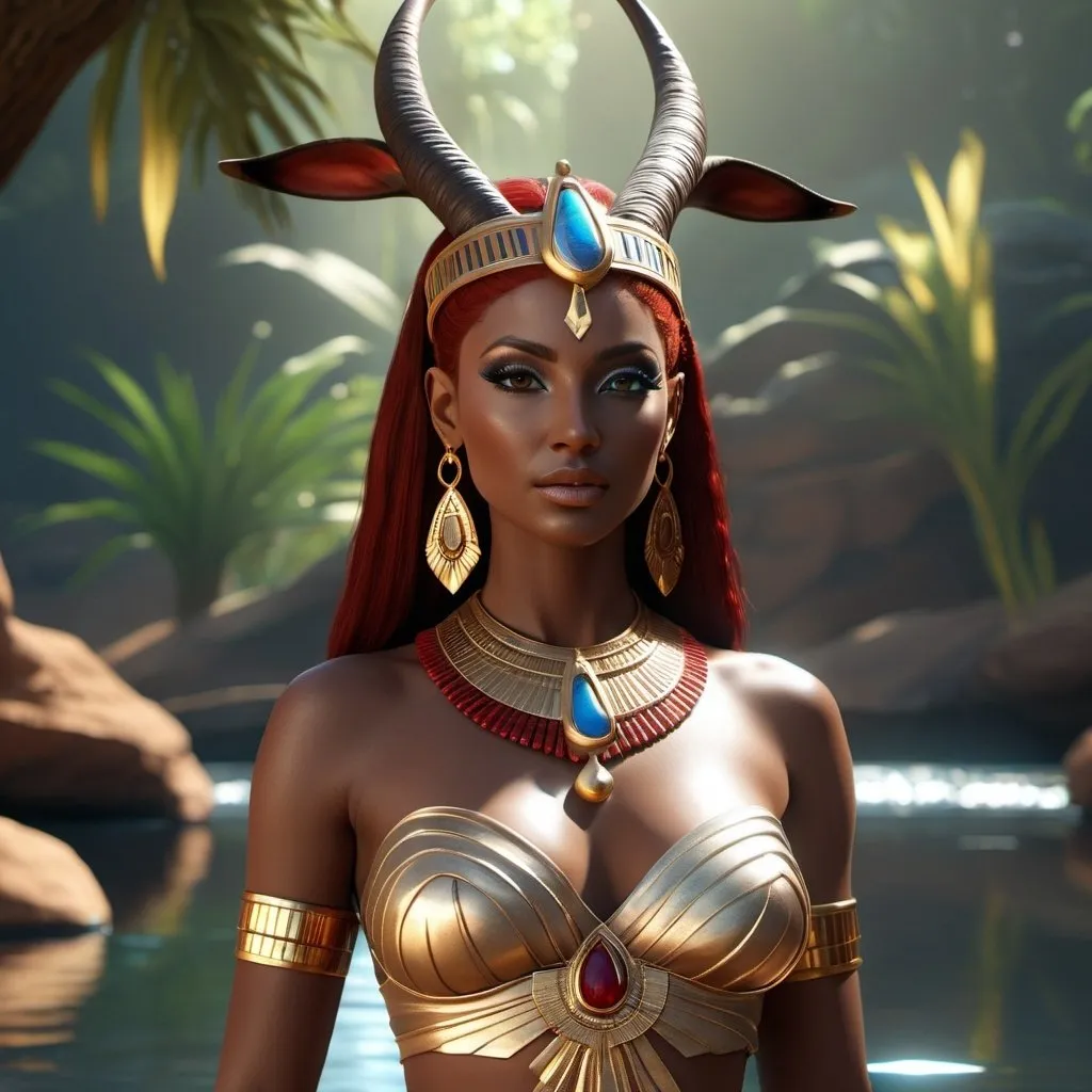 Prompt: HD 4k 3D, 8k, hyper realistic, professional modeling, ethereal Egyptian Goddess style, Antelope Goddess of love, beautiful, standing next to the river, glowing dark skin, red hair, mythical outfit, crown, full body, antelope horns, beautiful lush Fantasy setting, surrounded by ambient divine glow, detailed, elegant, surreal dramatic lighting, majestic, goddesslike aura, octane render, artistic and whimsical