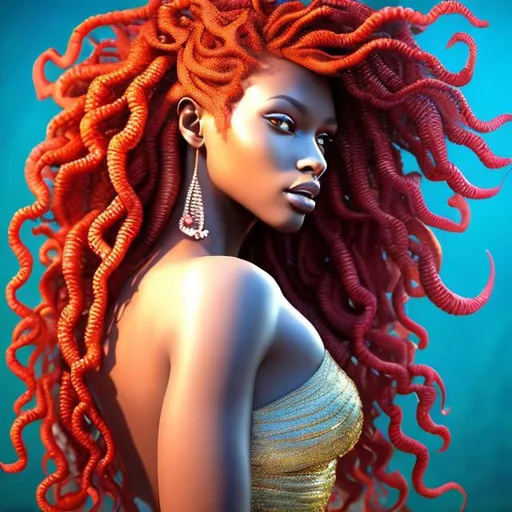 Prompt: HD 4k 3D 8k professional modeling photo hyper realistic beautiful woman ethereal greek goddess Ethiopian mermaid
red locs hair gorgeous face sea jewelry  sea headpiece mermaid tail full body surrounded by ambient glow hd landscape beautiful vibrant seascape fish and arthropods
