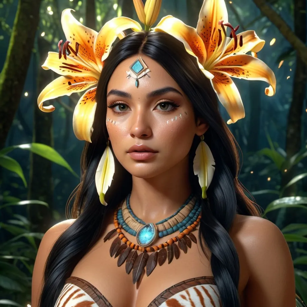 Prompt: HD 4k 3D, hyper realistic, professional modeling, enchanted Native American Princess - Tiger Lily, beautiful, magical, mystical forest, tiger lily flowers, detailed, elegant, ethereal, mythical, Greek goddess, surreal lighting, majestic, goddesslike aura