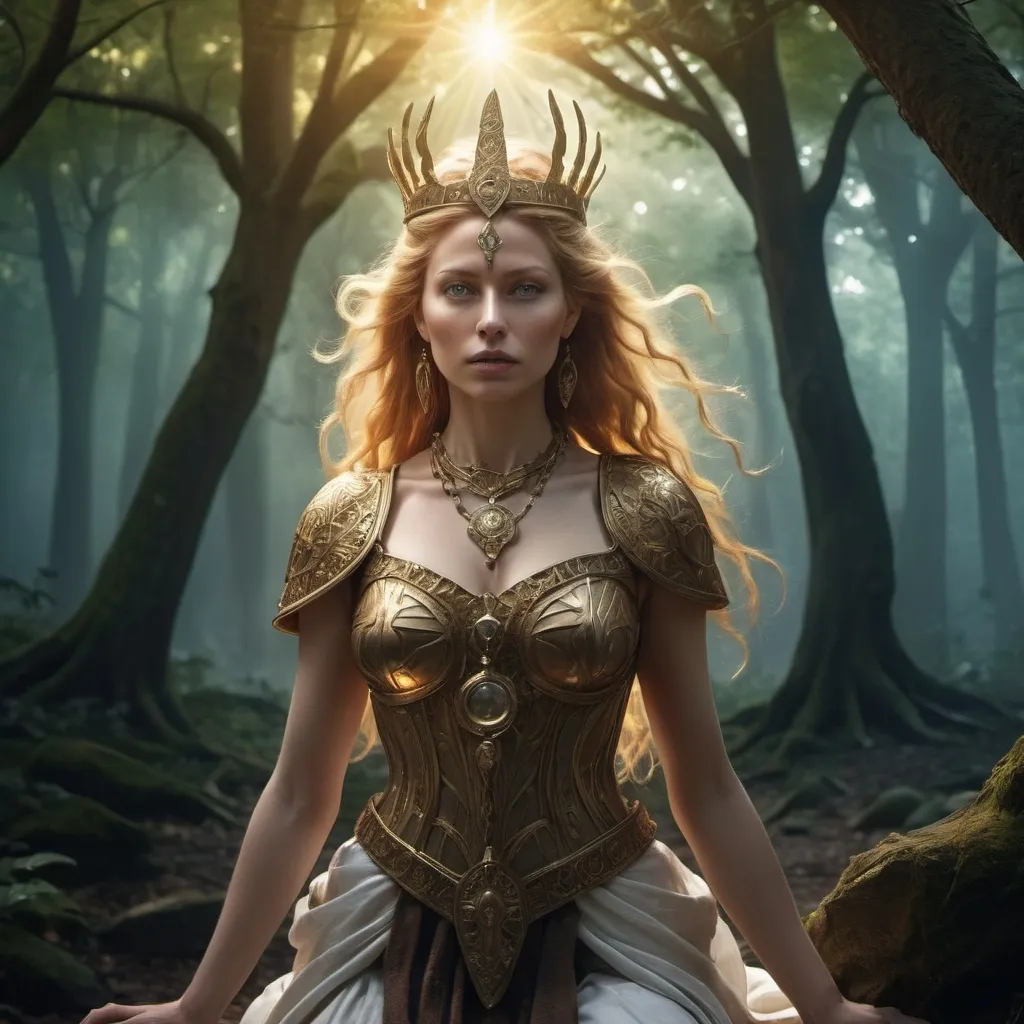 Prompt: tarot card Anime illustration, Baduhenna Norse Goddess of war, hyperrealistic dramatic lighting,HD 4k 3D 8k professional modeling photo, beautiful woman enchanted, sacred groves, full body surrounded by ambient glow, magical, highly detailed, intricate, outdoor  landscape, high fantasy background, elegant, mythical, surreal lighting, majestic, goddesslike aura, Annie Leibovitz style 