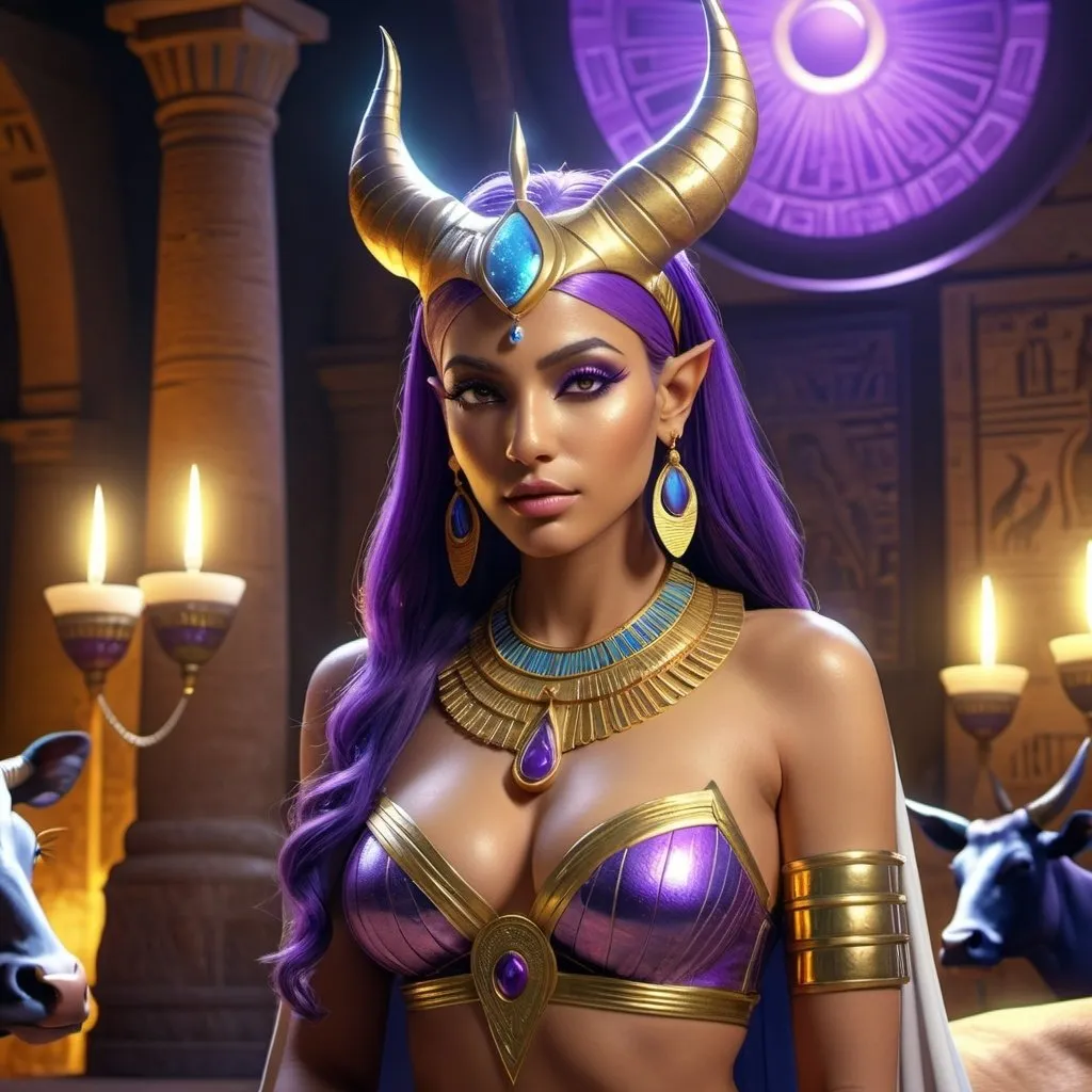 Prompt: HD 4k 3D, 8k, hyper realistic, professional modeling, ethereal Egyptian Soul Goddess Bat, beautiful, glowing olive skin, purple hair, mythical clothing and jewelry, tiara, cow ears and horns full body, cow companions, Nile River in colorful background, surrounded by ambient divine glow, detailed, elegant, surreal dramatic lighting, majestic, goddesslike aura, octane render, fantasy setting, otherworldy