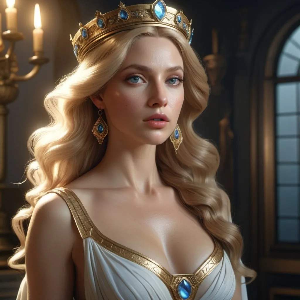 Prompt: HD 4k 3D, hyper realistic, professional modeling, enchanted Dutch goddess mythology Princess, beautiful, magical, detailed, highly realistic woman, modern Americana style, elegant, ethereal, mythical, Greek goddess, surreal lighting, majestic, goddesslike aura, Annie Leibovitz style 