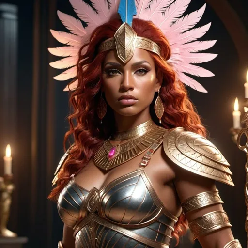 Prompt: HD 4k 3D, 8k, hyper realistic, professional modeling, ethereal Greek Goddess and Amazonian Queen, red hair, brown skin, gorgeous glowing face, Amazonian Warrior scales armor, pink jewelry and headpiece, Amazon warrior, tattoos, full body, sword and shield, savannah, surrounded by ambient divine glow, detailed, elegant, mythical, surreal dramatic lighting, majestic, goddesslike aura