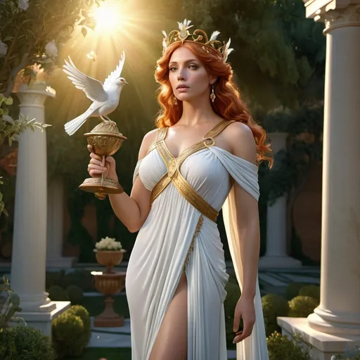 Prompt: HD 4k 3D, hyper realistic, professional modeling, ethereal Greek Muse of Lyric Poetry, light red hair, olive skin, gorgeous face, grecian gossamer gown, topaz jewelry and myrtle crown, full body, desirable, lovely, holding gold arrow, in rose garden, romantic, turtle doves,  detailed, elegant, ethereal, mythical, Greek, goddess, surreal lighting, majestic, goddesslike aura