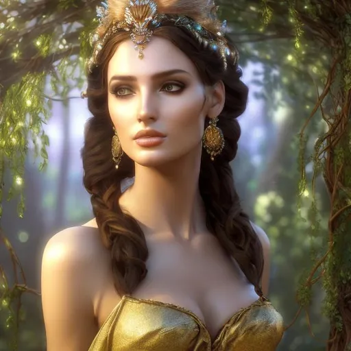 Prompt: HD 4k 3D, hyper realistic, professional modeling, ethereal raving, ecstatic Greek goddesses, brown ponytail hair, fair skin, gorgeous face, animal pelt and fur dresses , rustic jewelry and ivy tiara, full body, ambient glow, dancing in forest, landscape, detailed, elegant, ethereal, mythical, Greek, goddess, surreal lighting, majestic, goddesslike aura