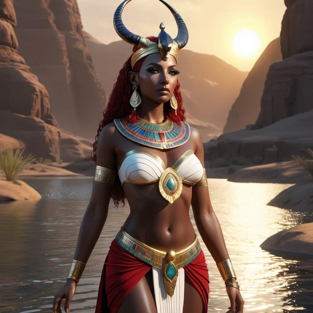 Prompt: HD 4k 3D, 8k, hyper realistic, professional modeling, ethereal Egyptian Goddess style, Antelope Goddess of love, beautiful, standing next to the river, glowing dark skin, red hair, mythical outfit, crown, full body, antelope horns, beautiful lush Fantasy setting, surrounded by ambient divine glow, detailed, elegant, surreal dramatic lighting, majestic, goddesslike aura, octane render, artistic and whimsical