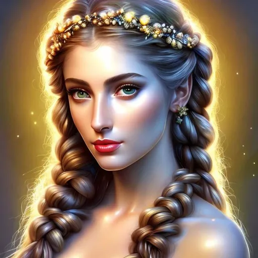 Prompt: HD 4k 3D, hyper realistic, professional modeling, ethereal Greek goddess of fruit trees, green french braided hair, pale skin, gorgeous face, gorgeous apple inspired dress, rustic jewelry and rustic crown, full body, ambient glow, apple tree nymph, landscape, detailed, elegant, ethereal, mythical, Greek, goddess, surreal lighting, majestic, goddesslike aura