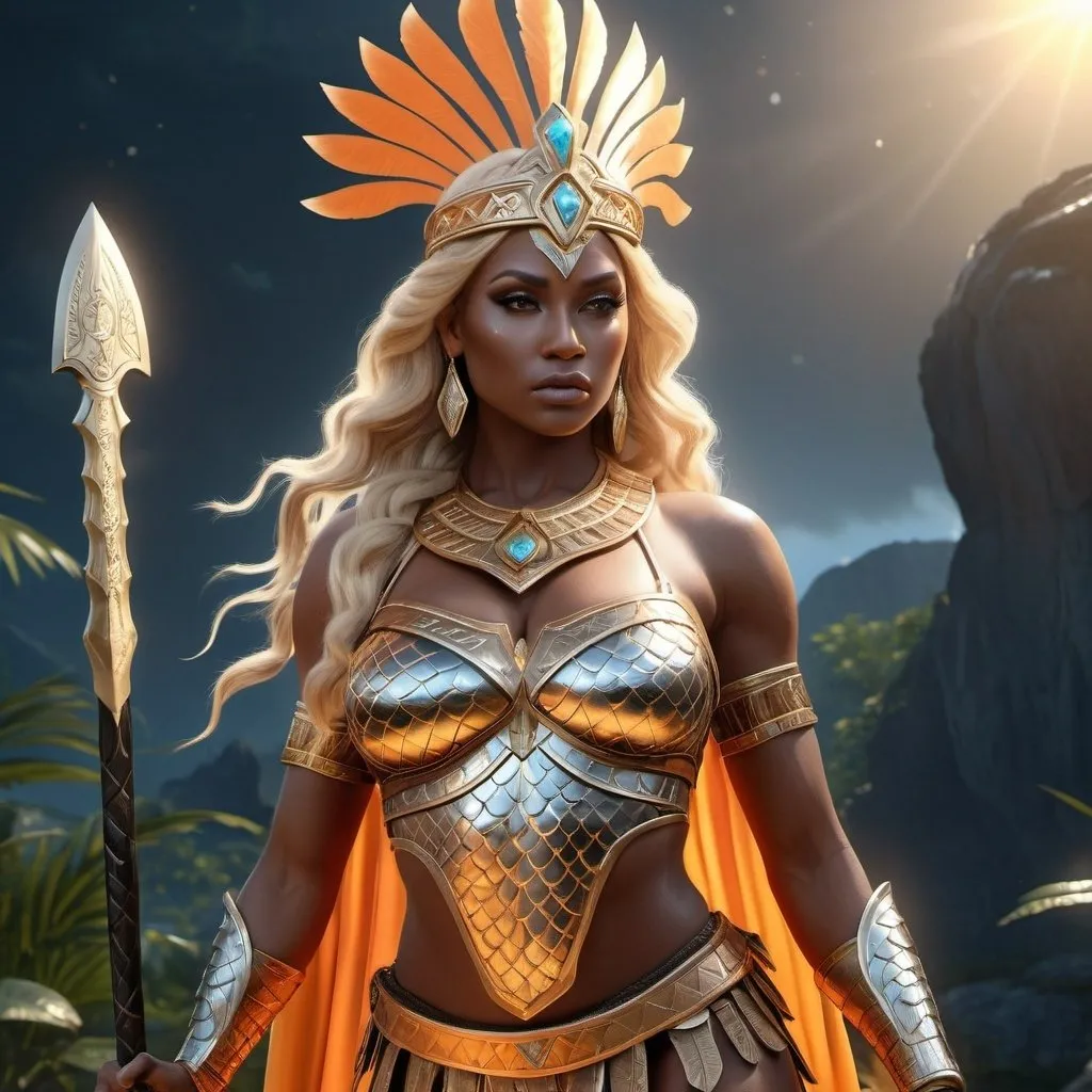 Prompt: HD 4k 3D, 8k, hyper realistic, professional modeling, ethereal Greek Goddess and Amazonian Queen, blonde hair, black skin, gorgeous glowing face, Amazonian Warrior reptile scales armor, orange jewelry and tiara, Amazon warrior, tattoos, full body, carrying battle axe, taiga sierra landscape, surrounded by ambient divine glow, detailed, elegant, mythical, surreal dramatic lighting, majestic, goddesslike aura