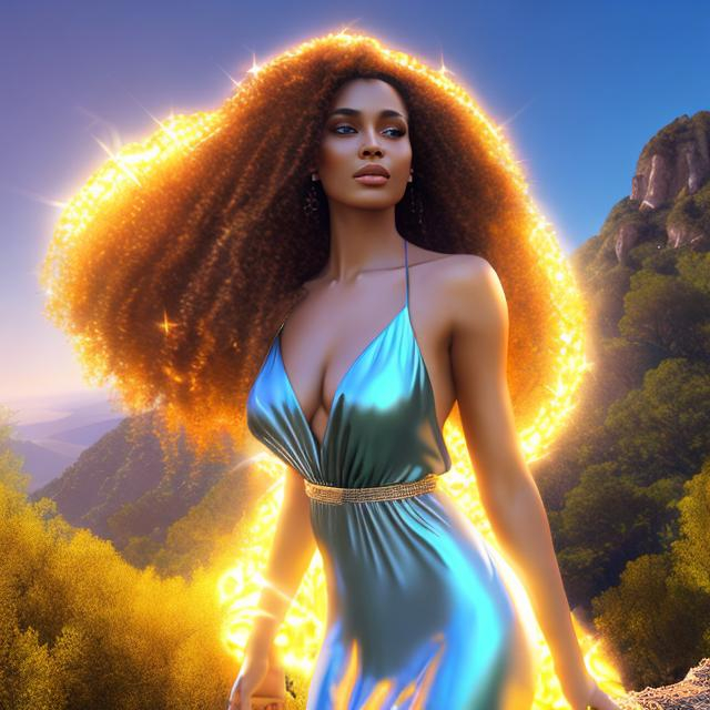 Prompt: HD 4k 3D 8k professional modeling photo hyper realistic beautiful woman ethereal greek goddess pixie of the morning breeze
brown curly hair gorgeous face brown skin billowing gown beautiful jewelry polos crown pixie wings full body surrounded by ambient aura glow hd landscape  on mountain at morning 

