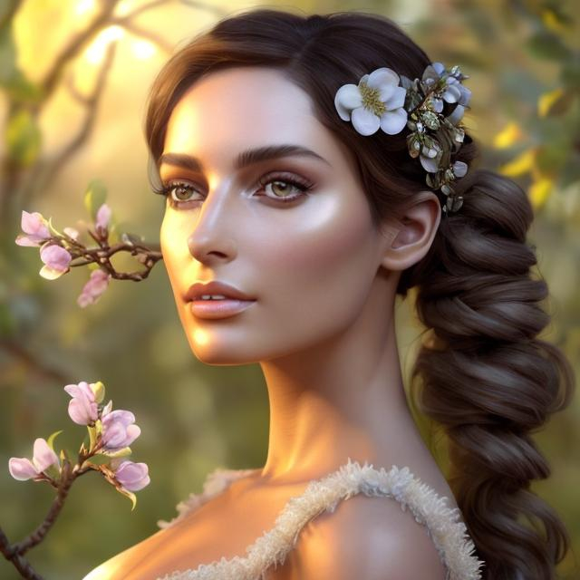 Prompt: HD 4k 3D, hyper realistic, professional modeling, ethereal Greek goddess of apple trees, light brown pigtail hair, olive skin, gorgeous face, gorgeous white dress, rustic jewelry and apple blossom headpiece, full body, ambient glow, apple tree orchard, landscape, detailed, elegant, ethereal, mythical, Greek, goddess, surreal lighting, majestic, goddesslike aura