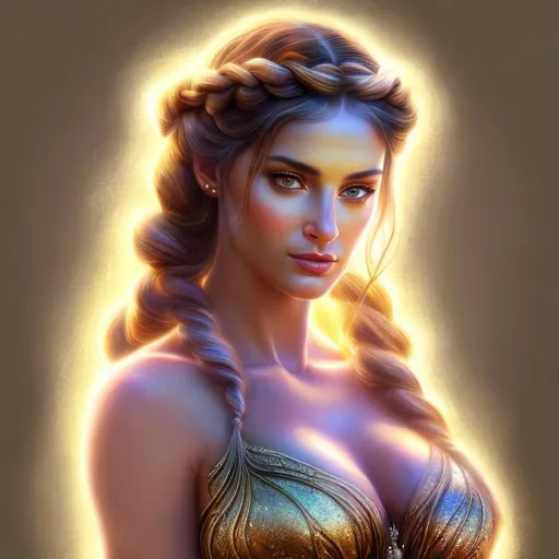 Prompt: HD 4k 3D, hyper realistic, professional modeling, ethereal Greek goddess of mountains, purple braided hair, tan skin, gorgeous face, gorgeous mountain inspired dress,  rustic jewelry and diadem, full body, ambient glow, mountain and rock nymph, landscape, detailed, elegant, ethereal, mythical, Greek, goddess, surreal lighting, majestic, goddesslike aura