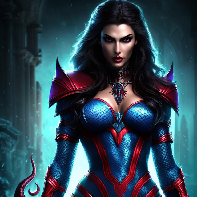 Prompt: HD 4k 3D 8k professional modeling photo hyper realistic beautiful woman ethereal greek fury avenger of homicide
dark blue snakes for hair dark eyes pale brown skin gorgeous face fierce greek warrior bloody wet red robe blue serpent around her waist gothic jewelry large bat wings surrounded by ambient glow hd landscape dark spooky underworld river
