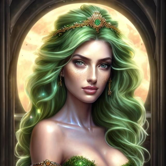 Prompt: HD 4k 3D, hyper realistic, professional modeling, ethereal Greek goddess of cures, yellow and green hair, dark freckled skin, alluring gown, gorgeous face, gemstone jewelry and tiara, full body, ambient glow, potion maker, working in greenhouse with potions, oils, and cures, detailed, elegant, ethereal, mythical, Greek, goddess, surreal lighting, majestic, goddesslike aura