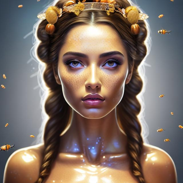 Prompt: HD 4k 3D, hyper realistic, professional modeling, ethereal Greek goddess of honey, black double ponytail hair, olive freckled skin, gorgeous face, gorgeous honeycomb dress, rustic jewelry and honeybee crown, full body, ambient glow, honey, beehives, honeybees, landscape, detailed, elegant, ethereal, mythical, Greek, goddess, surreal lighting, majestic, goddesslike aura