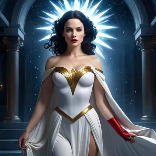Prompt: HD 4k 3D 8k professional modeling photo hyper realistic beautiful woman Superhero Snow White Princess ethereal greek goddess gorgeous face full body surrounded by ambient glow, cosmic, enchanted, magical, detailed, highly realistic woman, high fantasy background, elegant, mythical, surreal lighting, majestic, goddesslike aura, Annie Leibovitz style 


