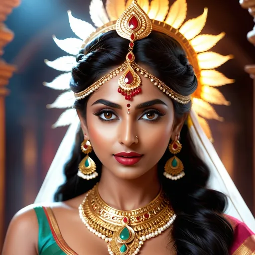 Prompt: Aana Marutha is mythological figure popular in Kerala state of India. Aana Marutha is often depicted as a bloodsucking evil spirit. She is known for her lusty quest and beauty. hyper realistic, HD 4k 3D, professional modeling, ethereal, gorgeous face, Indian jewelry and headpiece, ambient divine glow, detailed and intricate, elegant, ethereal, mythical, goddess, radiant lighting, majestic, goddesslike aura, mystic Indian realm that shows her power