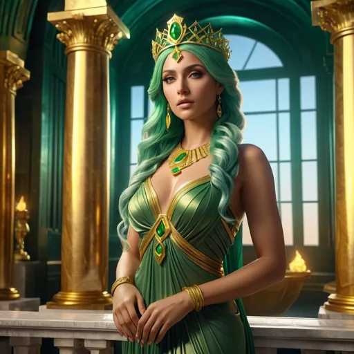 Prompt: HD 4k 3D, 8k, hyper realistic, professional modeling, ethereal Greek Goddess Argive Princess, green hair, tan skin, gorgeous glowing face, regal gown, yellow gemstone jewelry and diadem, bronze chamber, riches, tower, surrounded by ambient divinity glow, detailed, elegant, mythical, surreal dramatic lighting, majestic, goddesslike aura