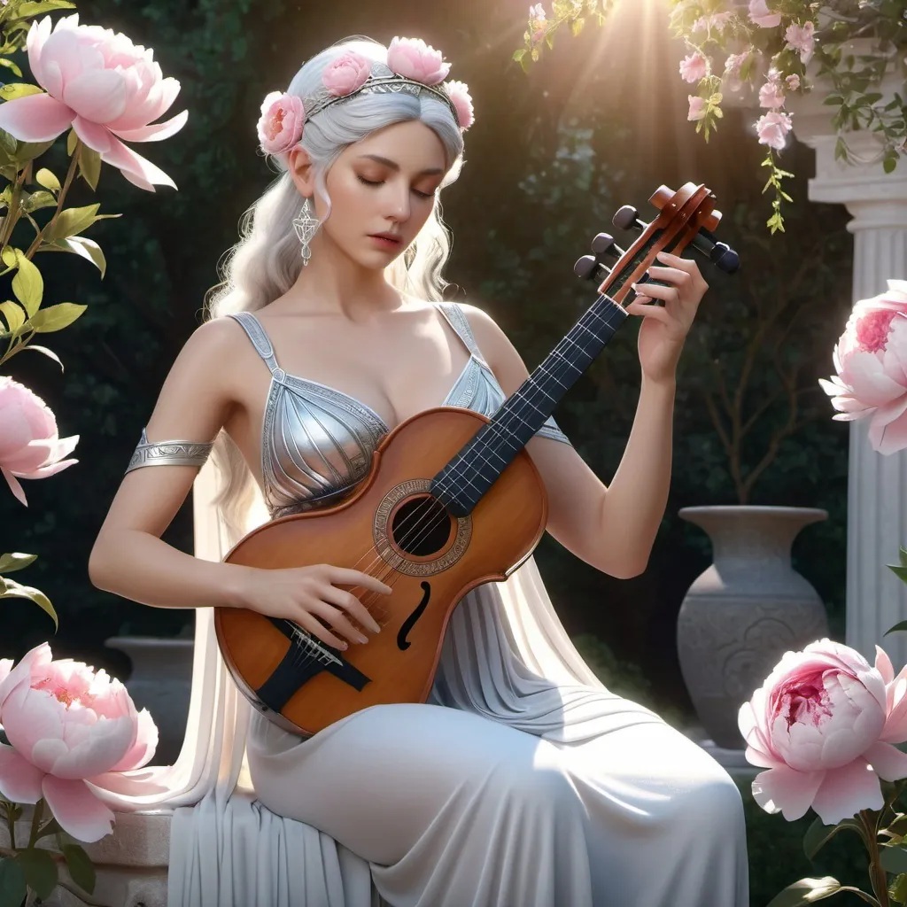 Prompt: HD 4k 3D, hyper realistic, professional modeling, ethereal Greek Muse of Middle Chord of the Lyre, bright silver hair, fair skin, gorgeous face, grecian lace dress, rose quartz jewelry and headband, full body, curvy figure, playing instrument, peony garden, dawn, detailed, elegant, ethereal, mythical, Greek, goddess, surreal lighting, majestic, goddesslike aura