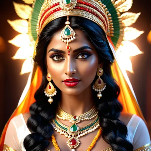 Prompt: Aana Marutha is mythological figure popular in Kerala state of India. Aana Marutha is often depicted as a bloodsucking evil spirit. She is known for her lusty quest and beauty. hyper realistic, HD 4k 3D, professional modeling, ethereal, gorgeous face, Indian jewelry and headpiece, ambient divine glow, detailed and intricate, elegant, ethereal, mythical, goddess, radiant lighting, majestic, goddesslike aura, mystic Indian realm