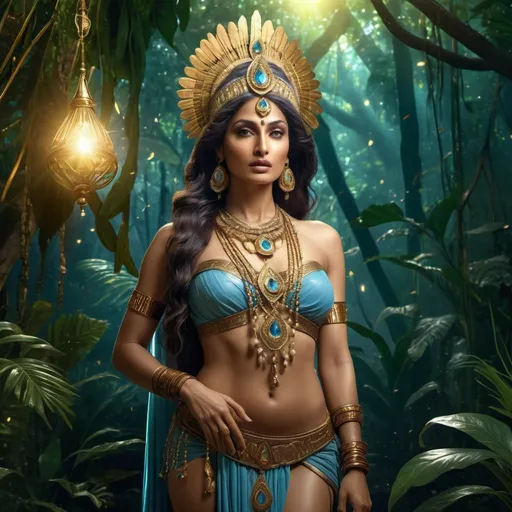 Prompt: HD 4k 3D 8k professional modeling photo hyper realistic beautiful woman Indian Princess ethereal greek goddess, myth and magic goddess, full body surrounded by ambient glow, covered in jewels, enchanted, magical, highly detailed, intricate, highly realistic woman, high fantasy background, indian jungle afterlife, elegant, mythical, surreal lighting, majestic, goddesslike aura, Annie Leibovitz style 

