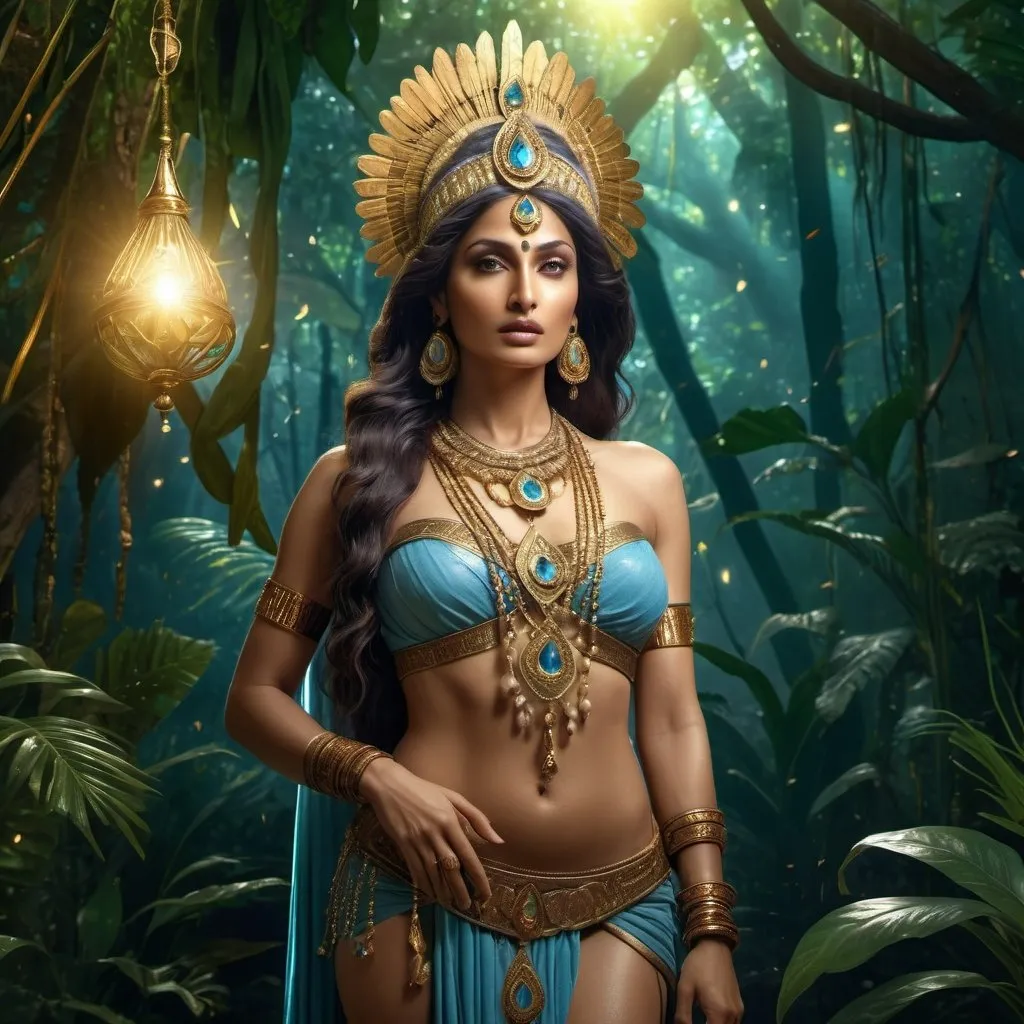 Prompt: HD 4k 3D 8k professional modeling photo hyper realistic beautiful woman Indian Princess ethereal greek goddess, myth and magic goddess, full body surrounded by ambient glow, covered in jewels, enchanted, magical, highly detailed, intricate, highly realistic woman, high fantasy background, indian jungle afterlife, elegant, mythical, surreal lighting, majestic, goddesslike aura, Annie Leibovitz style 

