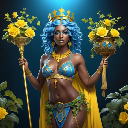 Prompt: HD 4k 3D, hyper realistic, professional modeling, ethereal Greek Muse of Comedy, bright blue hair, black skin, gorgeous face, grecian two piece outfit with boots, canary yellow jewelry and crown of ivy, full body, joyous, holding staff, flourishing vegetation, happy,  detailed, elegant, ethereal, mythical, Greek, goddess, surreal lighting, majestic, goddesslike aura