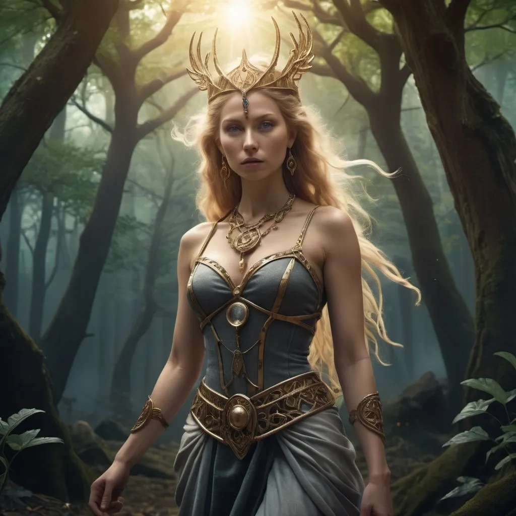 Prompt: tarot card Anime illustration, Baduhenna Norse Goddess of war, hyperrealistic dramatic lighting,HD 4k 3D 8k professional modeling photo, beautiful woman enchanted, sacred groves, full body surrounded by ambient glow, magical, highly detailed, intricate, outdoor  landscape, high fantasy background, elegant, mythical, surreal lighting, majestic, goddesslike aura, Annie Leibovitz style 