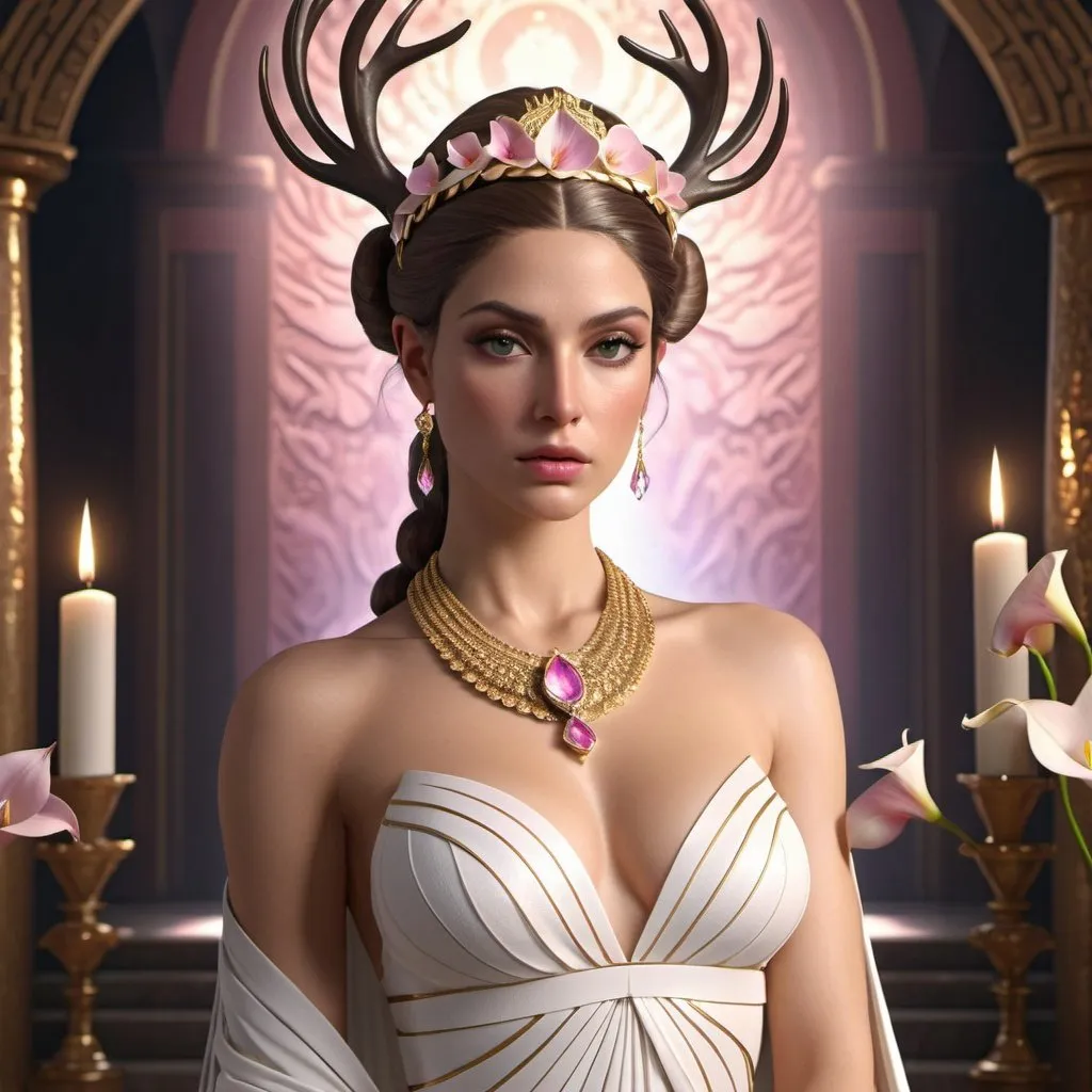 Prompt: HD 4k 3D, 8k, hyper realistic, professional modeling, ethereal Greek Goddess Princess of Mycenae, pink pulled back hair, pale skin, gorgeous glowing face, ornamental bridal dress, white gemstone jewelry and headband, strong, altar with calla lilies, standing next to stag deer, surrounded by ambient divinity glow, detailed, elegant, mythical, surreal dramatic lighting, majestic, goddesslike aura