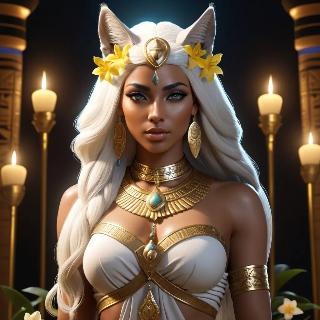 Prompt: HD 4k 3D, 8k, hyper realistic, professional modeling, ethereal Egyptian Warrior Goddess style, Caracal Goddess, beautiful huntress, jasmine flowers, glowing mixed skin, white hair, mythical warrior outfit, tiara, full body, tranquil night with blooming jasmine, Fantasy setting, surrounded by ambient divine glow, detailed, elegant, surreal dramatic lighting, majestic, goddesslike aura, octane render, artistic and whimsical