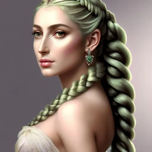 Prompt: HD 4k 3D, hyper realistic, professional modeling, ethereal Greek goddess of prosperity, blonde and green fishtail braids with goat horns, mixed skin, natural gown, gorgeous face, rustic jewelry and goat horns, full body, ambient glow, alluring earth goddess, detailed, elegant, ethereal, mythical, Greek, goddess, surreal lighting, majestic, goddesslike aura