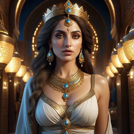 Prompt: HD 4k 3D 8k professional modeling photo hyper realistic beautiful woman Princess of Persia ethereal greek goddess gorgeous face full body surrounded by ambient glow, enchanted, magical, detailed, highly realistic woman, high fantasy background, Moroccan bazaar, elegant, mythical, surreal lighting, majestic, goddesslike aura, Annie Leibovitz style 

