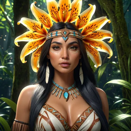 Prompt: HD 4k 3D, hyper realistic, professional modeling, enchanted Native American Princess - Tiger Lily, beautiful, magical, mystical forest, tiger lily flowers, detailed, elegant, ethereal, mythical, Greek goddess, surreal lighting, majestic, goddesslike aura