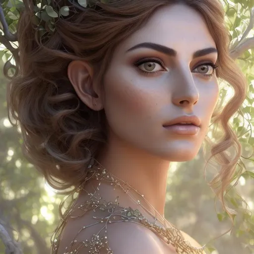 Prompt: HD 4k 3D, hyper realistic, professional modeling, ethereal  Greek goddess of fig trees, brown hair, dark freckled skin, gorgeous face, gorgeous fig tree dress, tree jewelry and fig tree headpiece, full body, ambient glow, fig tree nymph, landscape, detailed, elegant, ethereal, mythical, Greek, goddess, surreal lighting, majestic, goddesslike aura