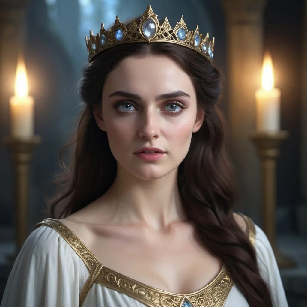 Prompt: HD 4k 3D, hyper realistic, professional modeling, enchanted British Princess - Morgana Pendragon, maiden, beautiful, magical, Arthurian Legend, high fantasy background, detailed, highly realistic woman, elegant, ethereal, mythical, Greek goddess, surreal lighting, majestic, goddesslike aura