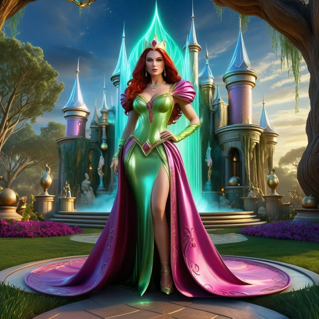 Prompt: HD 4k 3D 8k professional modeling photo hyper realistic beautiful woman enchanted, Oz Princess Gaylette, Gayelette was an ancient princess and sorceress who lived in a ruby palace in the northern quadrant called Gillikin Country of the Land of Oz., full body surrounded by ambient glow, magical, highly detailed, intricate, outdoor  landscape, high fantasy background, elegant, mythical, surreal lighting, majestic, goddesslike aura, Annie Leibovitz style 