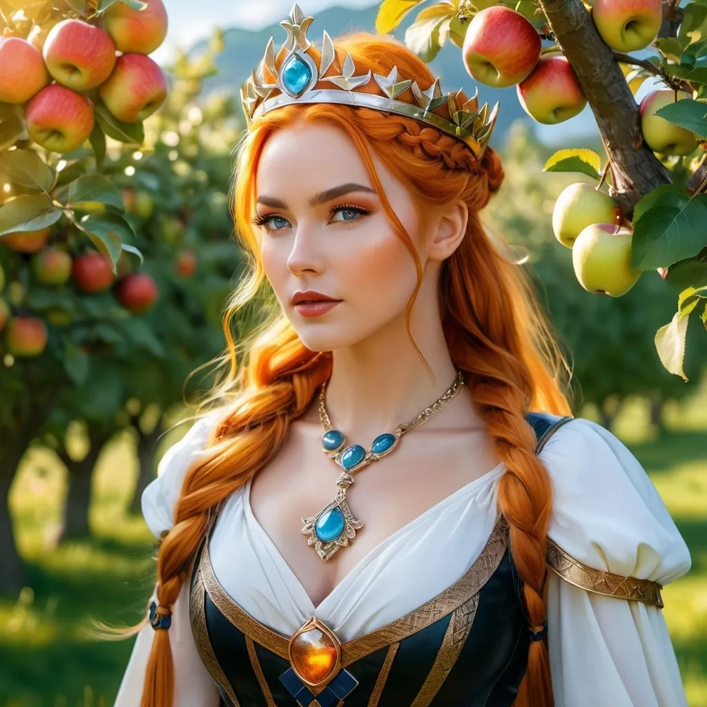 Prompt: Idunn Norse Goddess of apples and youth, hyper realistic, HD 4k 3D, professional modeling, ethereal, bright orange ponytail hair, medium skin, gorgeous face, gorgeous jewelry and crown, Valkyrie, in an apple orchard, ambient divine glow, detailed and intricate, elegant, ethereal, mythical, goddess, radiant lighting, majestic, goddesslike aura, Norse Viking Mythology